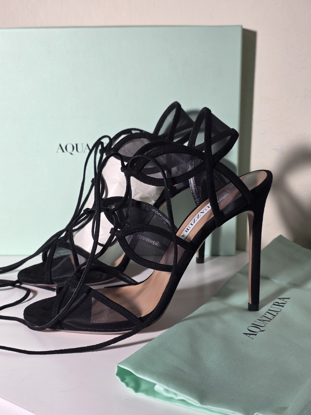 Aquazzura Black Lace-Up Mesh Stiletto Heels Fatal heeled sandals Size 38 Box/bag